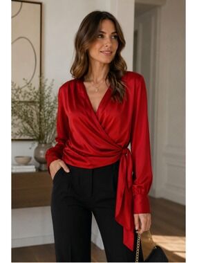 Karmamia Red Satin Wrap Blouse Women's XS Long Sleeve Tie Waist Luxury Top